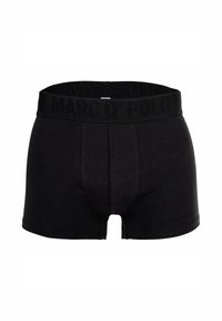 Schwarze Boxershorts mit einem weichen Bund, der den Markennamen "MARCO O' POLO" in tonalem Schriftzug trägt. Der Stoff hat eine glatte Textur.