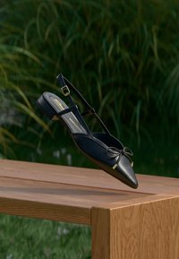 Μαύρο γυναικείο παπούτσι μπαλαρίνα με μυτερή μύτη και λουρί στο πίσω μέρος, με λεπτομέρεια φιόγκου, να αιωρείται πάνω από ένα ξύλινο πάγκο με φόντο ψηλό πράσινο χόρτο.