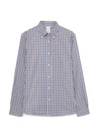 Košile s dlouhým rukávem, button-up, s kostkovaným vzorem v modré, hnědé a bílé barvě a s límcem na knoflíky.