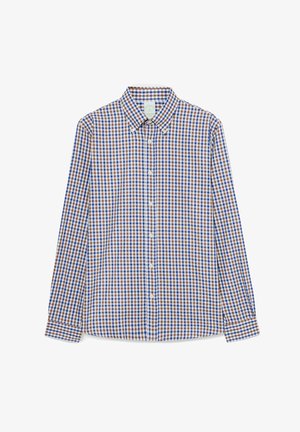 Langärmliges Hemd mit Blau-, Braun- und Weißkaromuster und Button-Down-Kragen.