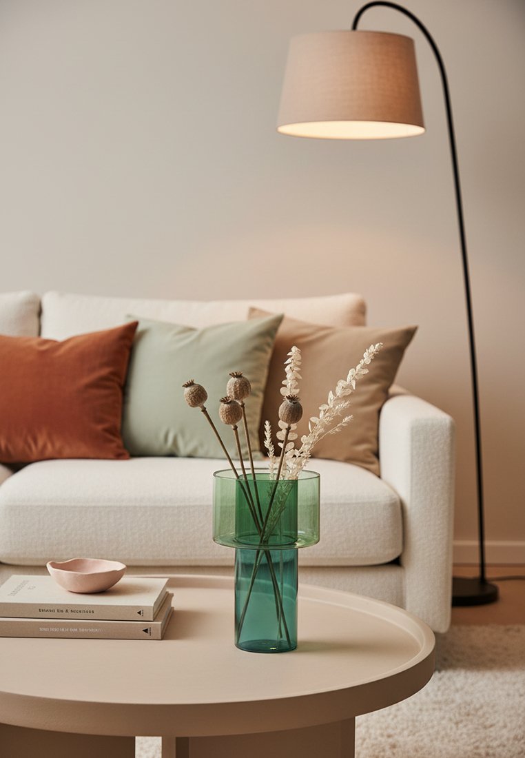 Biała sofa z poduszkami w kolorach rdzawego, szałwiowego i beżowego, zielony szklany wazon z suszonymi kwiatami na beżowym stoliku kawowym oraz stojąca lampa w tle.