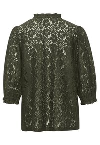 Mønstret blonde top i mørkegrøn, med blomstermønster, flæsekrave og puffede ærmer med elastiske manchetter. Blødt, tekstureret stof.