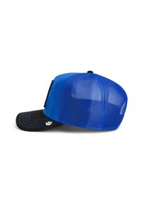 Blue cap with a mesh back, black visor, and blue stitching. Features a logo tag on the side. Soft texture with structured design.