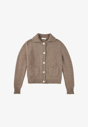 Cardigan marrone lavorato a maglia con collo a collare, chiusura a bottoni, due tasche a toppa e polsini e orlo a coste.