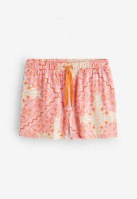 Pantalones cortos rosas con cordón naranja, con patrones ondulados y florales con fondo punteado, mostrados sobre fondo blanco.