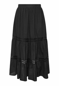 Falda negra de capas hecha de una tela ligera, con adornos de encaje a lo largo de las capas y una cintura elástica para mayor comodidad.