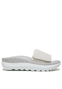 Witte schuifsandalen met een zachte, gestructureerde band, een contoured voetbed en een gestippelde buitenzool voor grip. Gladde afwerking, lichtgewicht ontwerp.