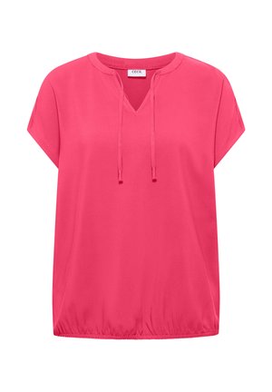 Blusa de manga corta de color rosa brillante con escote en V, cordones ajustables y dobladillo elástico, presentada sobre un fondo blanco.