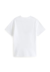 Maglietta in cotone bianco con collo rotondo e maniche corte. Tessuto liscio, senza motivi o decorazioni. La vista posteriore mostra linee pulite.