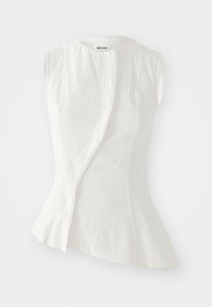 Sleeveless white top with a textured fabric, asymmetric hemline, and a high neckline. Features a wrap design and subtle gatherings at shoulders.