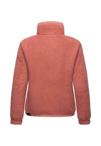 Giacca in pile di un colore corallo tenue, con colletto alto, texture morbida e polsini elastici. Fodera liscia all'orlo.