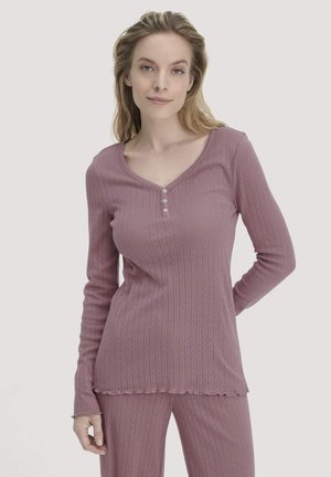 Maglia a maniche lunghe in tessuto a coste di un delicato viola, con scollatura a V e patta con tre bottoni, dotata di polsini e orlo ondulati.