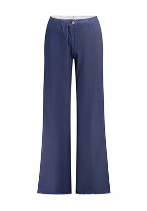 Pantalon bleu marine à jambes larges avec taille élastique, fermeture par bouton et ourlets bruts.