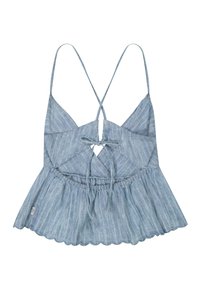 Αμάνικο crop top με ανοιχτό γαλάζιο ριγέ σχέδιο, λεπτές χιαστί τιράντες, δεσίματα μπροστά και κυματιστό τελείωμα.