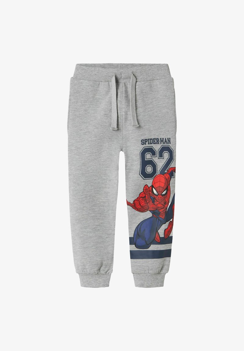 Pelēkie sporta bikses, kas izgatavotas no kokvilnas maisījuma, ar elastīgu jostu, aukliņu un krāsainu Zirnekļcilvēka grafiku ar numuru 62.