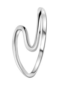 Zilveren ring met een golvende hartvorm. Glad, gepolijst oppervlak met een reflecterende afwerking. Open ontwerp maakt maataanpassing mogelijk.