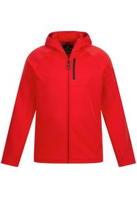 Giacca con cappuccio rosso realizzata in tessuto liscio, dotata di una zip frontale, una tasca sul petto con zip nera e tasche laterali.