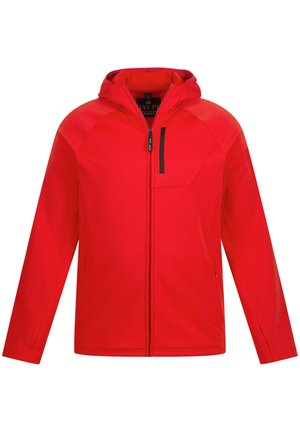 Chaqueta con capucha roja hecha de una tela suave, con cremallera frontal, un bolsillo en el pecho con cremallera negra y bolsillos laterales.