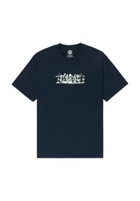 T-shirt en coton bleu marine à manches courtes, avec un motif graphique audacieux de couleur claire sur la poitrine. Encolure ronde classique.