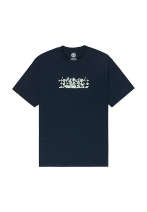 Granatowy bawełniany t-shirt z krótkimi rękawkami, z wyrazistym, jasnym wzorem graficznym na przodzie. Klasyczny okrągły dekolt.