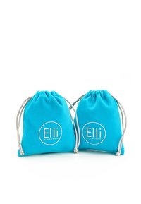 Two turquoise fabric drawstring bags with a smooth texture, featuring a circular white logo that reads "Elli by Julie & Grace."