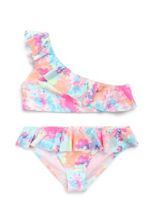 Bikini a spalla sola in tonalità pastello multicolore, con volant sopra e sotto, realizzato in materiale elastico con un motivo ad acquerello.