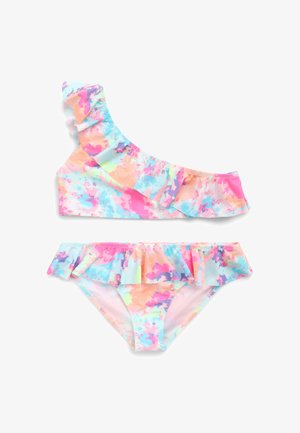 Bikini a spalla sola in tonalità pastello multicolore, con volant sopra e sotto, realizzato in materiale elastico con un motivo ad acquerello.