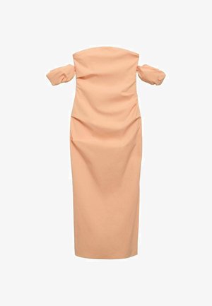 Peach colored, off-the-shoulder dress made of smooth fabric. Features a fitted silhouette with soft gathering on the body. Midi length.