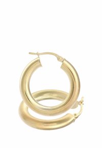 Uhani v zlatni barvi s gladko, polirano površino in tečajnim zaponkom. Oblika obročev je okrogla in robustna.