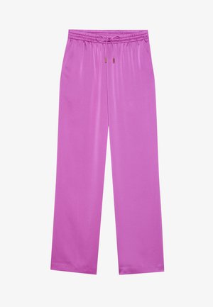 Pink, lightweight pants with a loose fit. Features an elastic waistband with a drawstring and metallic accents. Smooth texture, straight leg style.
