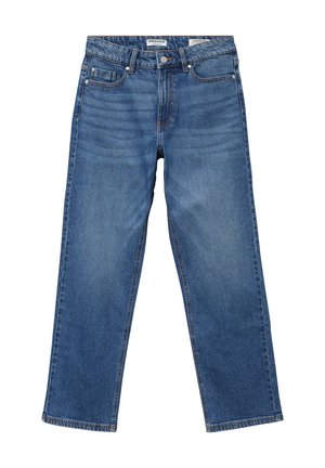 Niebieskie dżinsy o prostym kroju, zapinane na guzik, z pięcioma kieszeniami i subtelnym wyblaknięciem. Posiadają klasyczny, lekko teksturowany materiał.