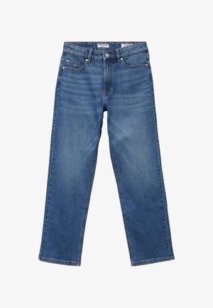 Blaue Jeans im geraden Schnitt aus Denim mit Knopfverschluss, fünf Taschen und subtilen Verblassungen. Sie sind aus einem klassischen, leicht strukturierten Stoff gefertigt.