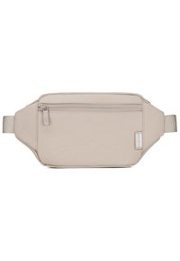 Borsa in vita beige chiaro realizzata in materiale morbido, con tasca anteriore con zip e tracolla regolabile. Design semplice e rettangolare.