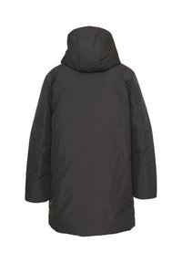 Parka isolante nera con cappuccio, caratterizzata da una finitura liscia e opaca e un taglio lungo e dritto. Le maniche sono leggermente ampiezza ai polsini.