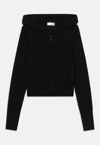 Haut à capuche noir coupé et zippé avec une texture douce, doté d'une capuche, de poignets côtelés et de poches. Design minimaliste sans motifs ni accents.