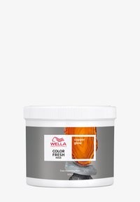 Wella Professionals Color Fresh Mask in een witte verpakking. Grijze label met "copper glow," een grafische afbeelding van een oranje steen, en een capaciteit van 500ml.