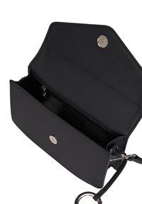Borsa a tracolla nera in pelle con chiusura a scatto, scomparto unico, tasca con zip e tracolla staccabile. Texture liscia, hardware minimale.