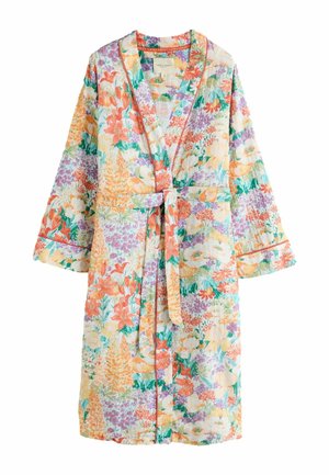 Bunter Morgenmantel mit floralem Muster, langen weiten Ärmeln, vorderer Taillenbindung und V-Ausschnitt.