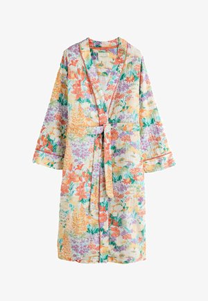 Colorful floral patterned robe with long wide sleeves, front waist tie, and V-neck collar.