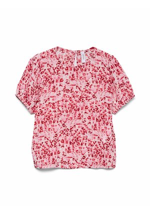Blouse rose à manches courtes avec imprimé floral rouge, col rond et détail dos avec ouverture en goutte et fermeture bouton.