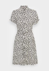 Blommig klänning med svart bakgrund, mönster av vita och gula blommor, krage, korta ärmar och design med åtdragen midja.