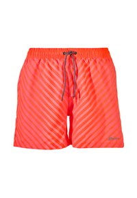 Felroze zwemshorts met verticale strepen, elastische tailleband, verstelbaar trekkoord en een klein logo aan de onderste rechterkant.