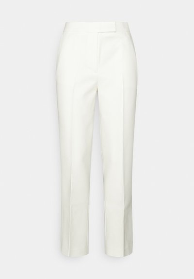 White tailored trousers with a straight leg design, featuring a smooth texture and a minimalist waistband without visible hardware.
