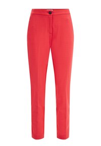 Red tailored trousers with a slim fit, featuring a single button closure and belt loops. Smooth fabric with minimal texture, straight leg design.