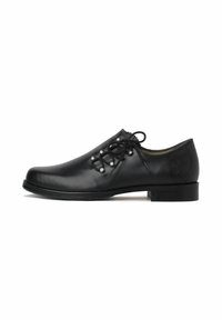 Zwarte leren dresschoenen met een ronde neus, voorzien van een decoratieve vetersluiting en parelachtige veterogen. Matt afwerking, lage hak.