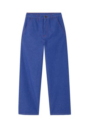 Blue denim trousers with a straight cut, featuring red stitching, two front pockets, a button closure, and belt loops at the waistband.