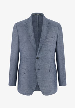 Herenblauw linnencolbert met enkele knoopsluiting, inkeping revers, twee knopen, borstzak en twee klepzakken aan de voorkant.