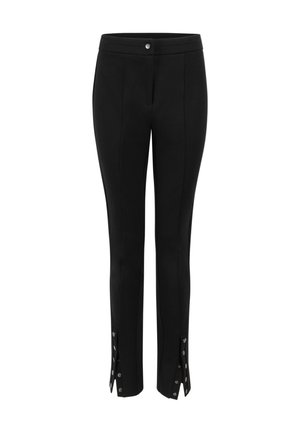Zwarte slim-fit broek gemaakt van gladde stof, met verticale naden en drukknoopdetails bij de enkels voor een extra ontwerp.