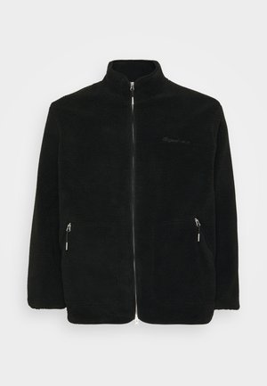 Black full-zip fleece jacket with high collar and zippered side pockets, displayed on a plain light gray background.