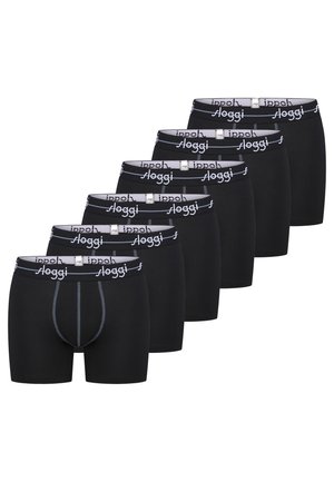 Seks sorte herre boxerbriefs med grå syninger og elastiske taljebånd med mærket "Sloggi", arrangeret diagonalt på hvid baggrund.
